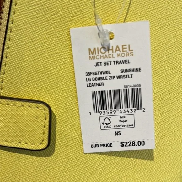 Michael Kors Jet Set Travel Large Double Zip Leather Wristlet Sunshine Yellow - Picture 5 of 16